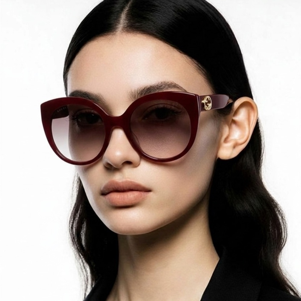 New Authentic Gucci GG0325S 007 Burgundy Cat-Eye Sunglasses Red Lenses